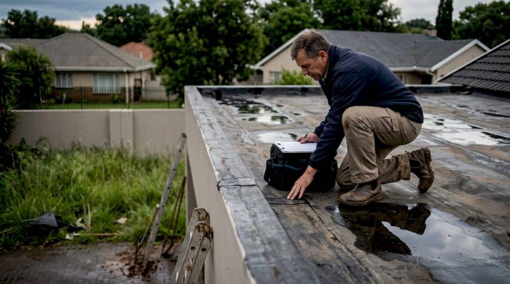 Contractor inspecting waterproofed rooftop after rain