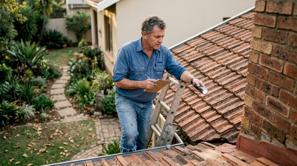 Homeowner inspecting roof leak beside chimney