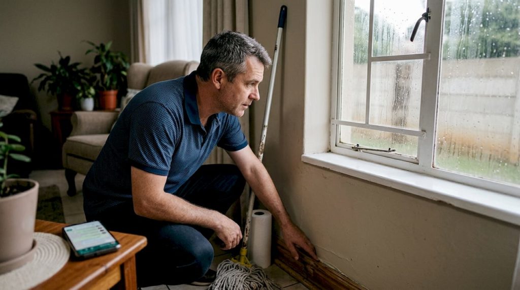 Homeowner checks rain leak near window in living room