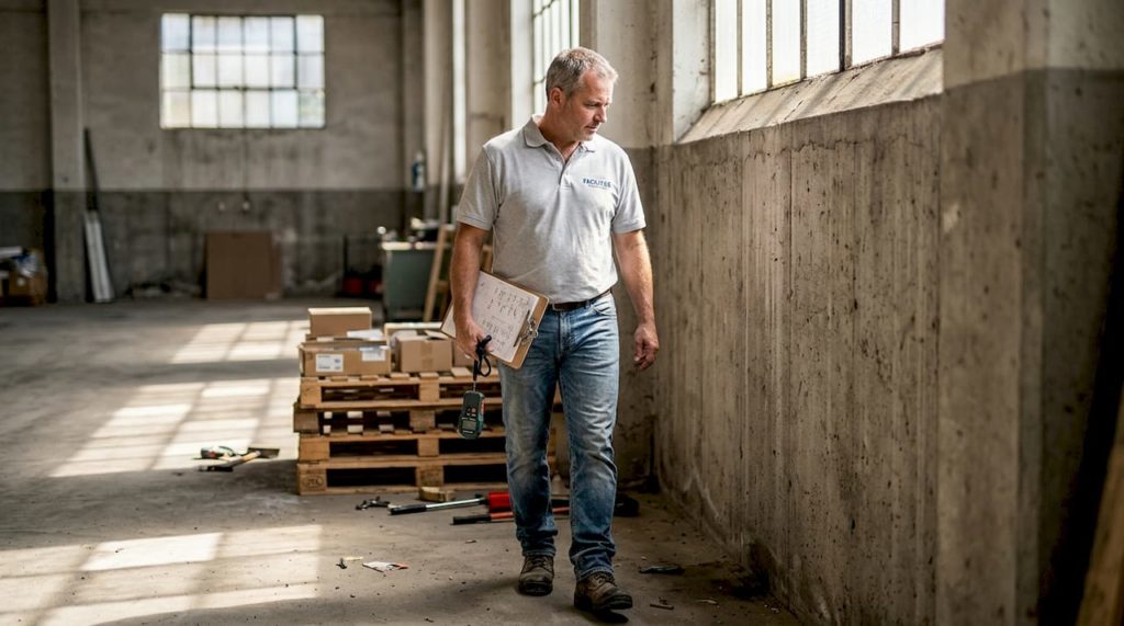 Manager inspecting warehouse wall for damp