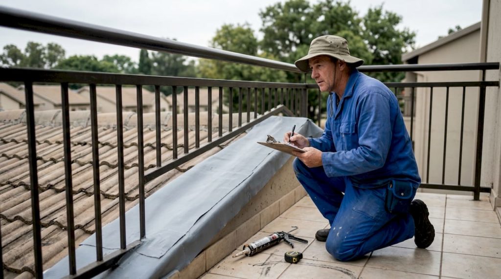 Inspector reviewing waterproofing on residential roof