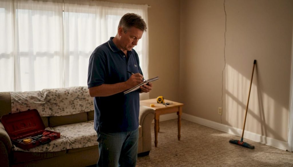 Homeowner inspecting wall for waterproofing issues
