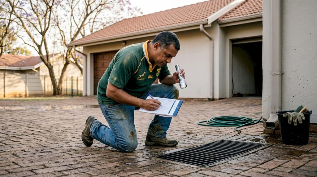 Homeowner checking outdoor drainage for water damage