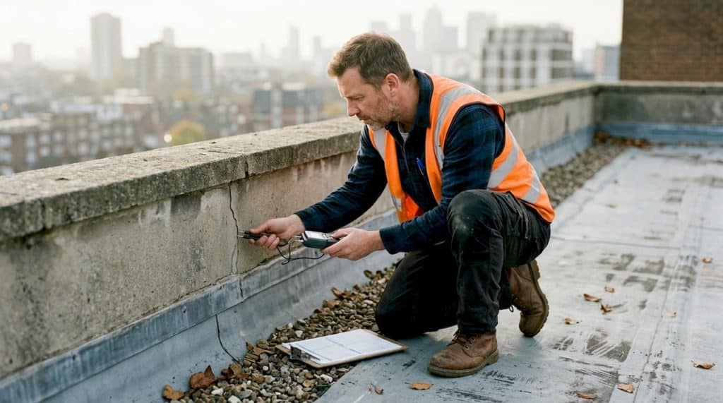 Inspector checking rooftop for waterproofing issues