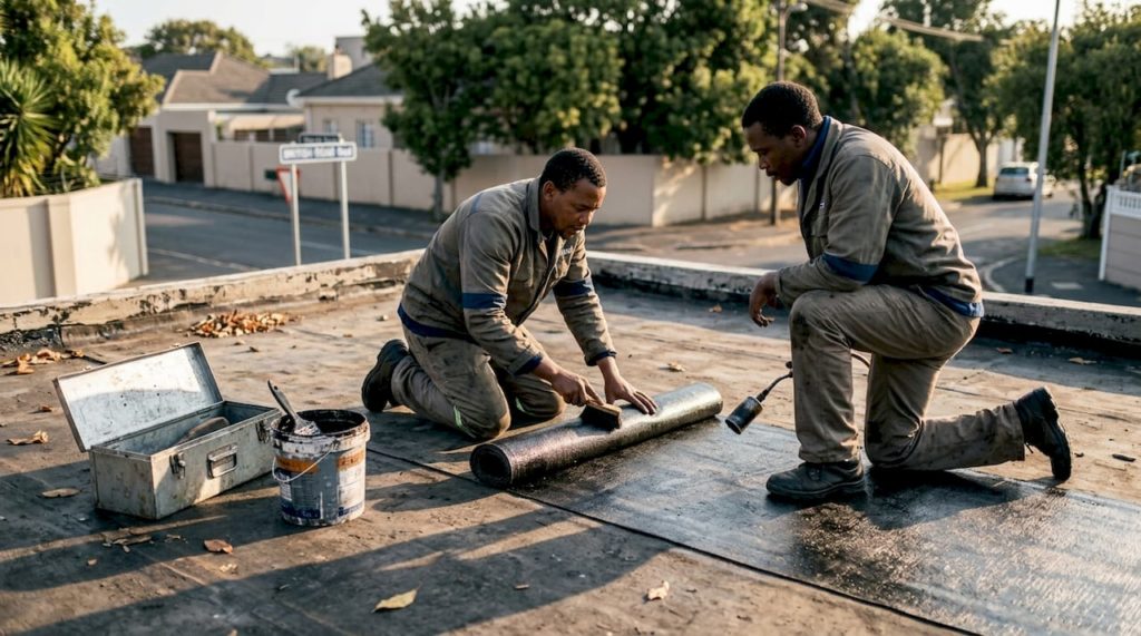 Roofers applying membrane waterproofing on flat roof