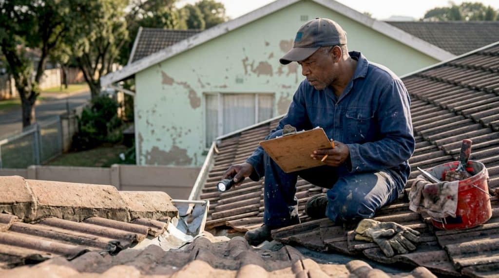 Contractor inspecting roof waterproofing at sunrise