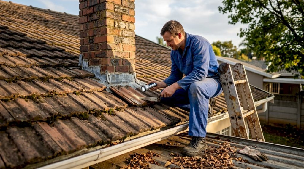 Roofer inspecting damp roof during daylight