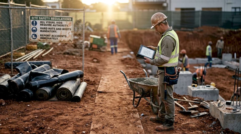 Supervisor inspects basement waterproofing construction site