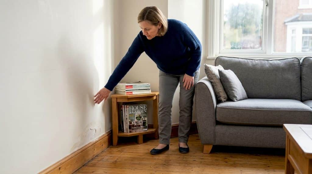 Homeowner checks damp stains on wall