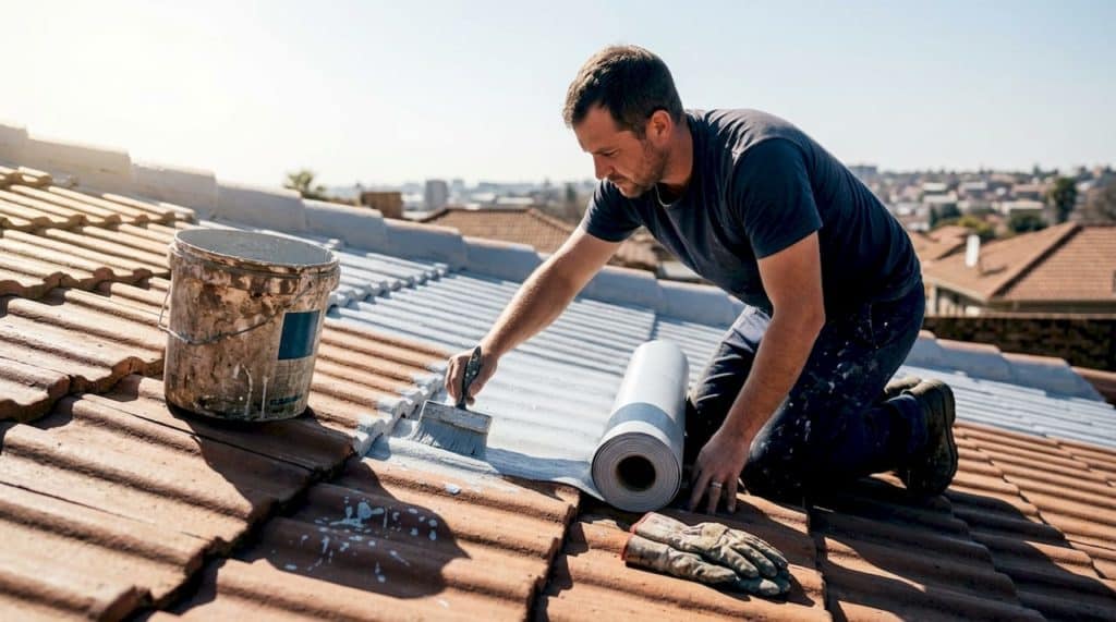 Contractor applying elastomeric coating on rooftop