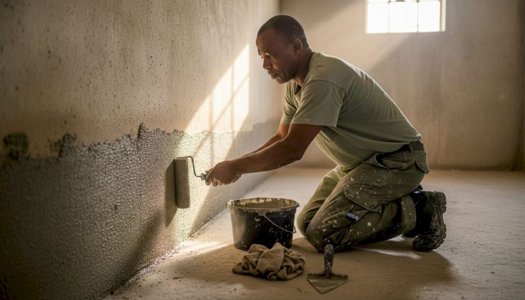 Worker applying cementitious waterproofing to wall