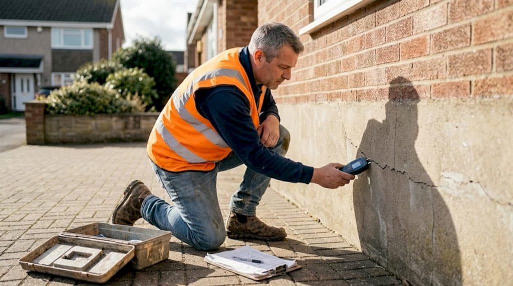 Contractor inspecting wall for waterproofing preparation