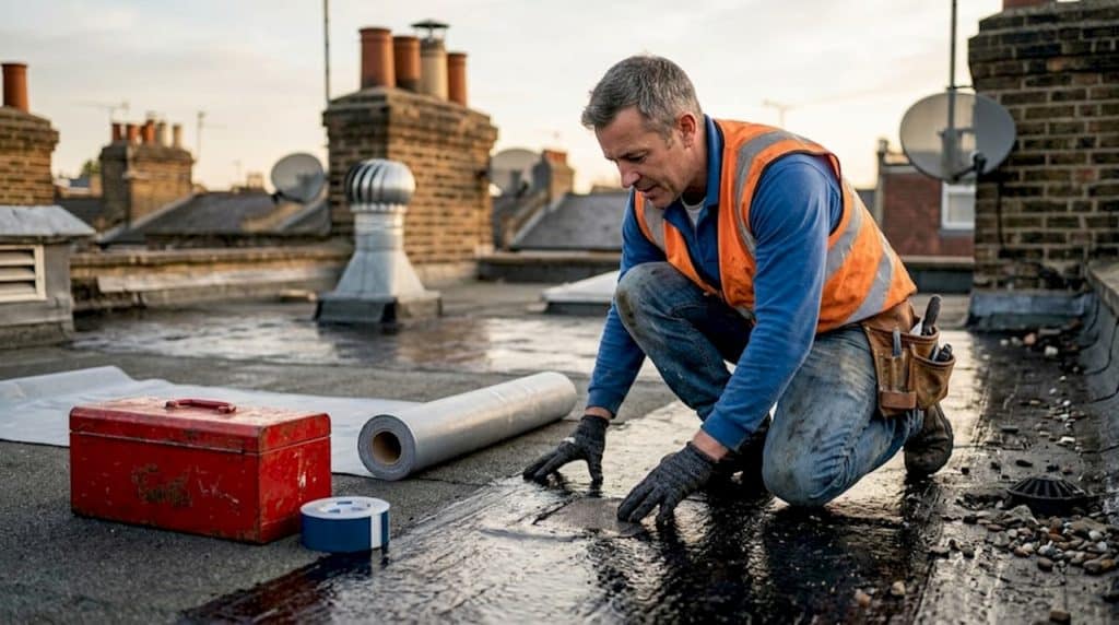 Contractor inspecting flat roof waterproofing