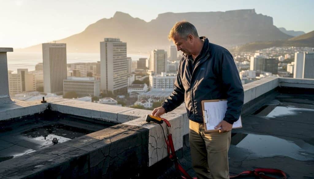 Inspector checking waterproofing on building roof