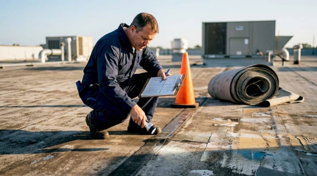 Contractor inspecting seams on industrial rooftop