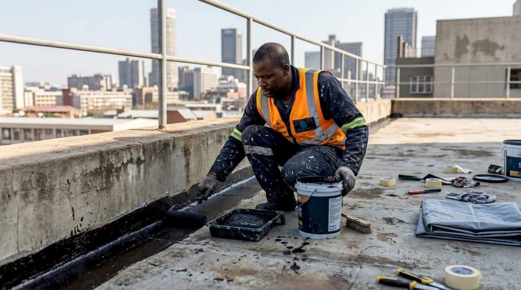 Contractor applying waterproofing membrane rooftop