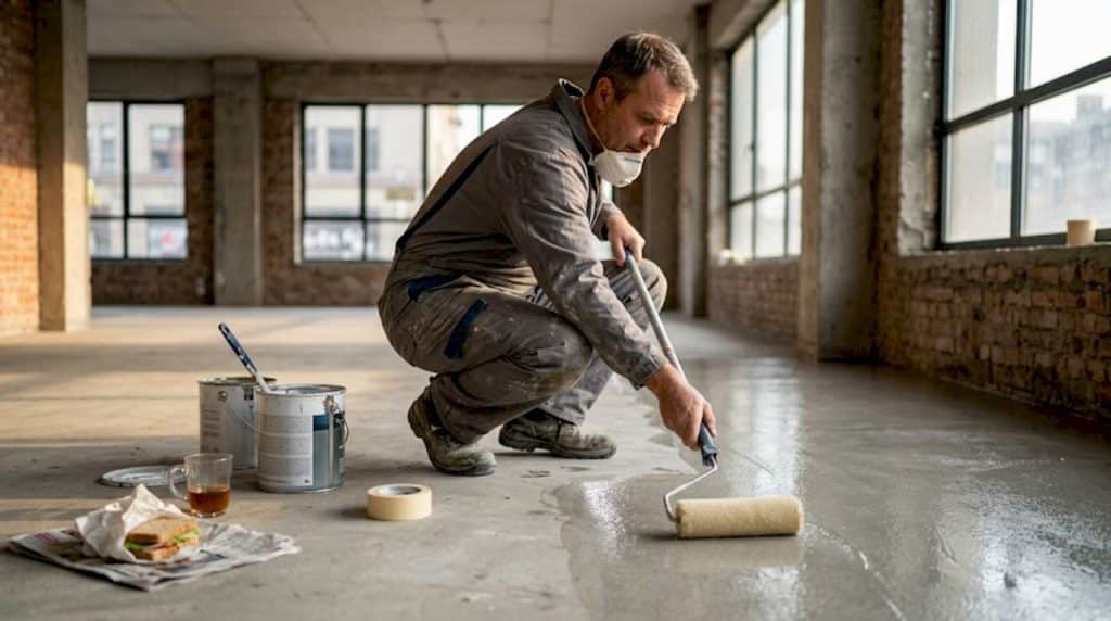 Contractor applying epoxy to apartment floor