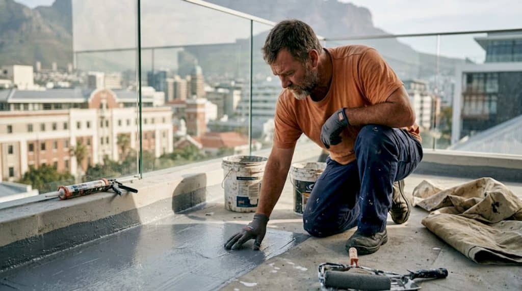Contractor inspecting rooftop polyurethane waterproofing