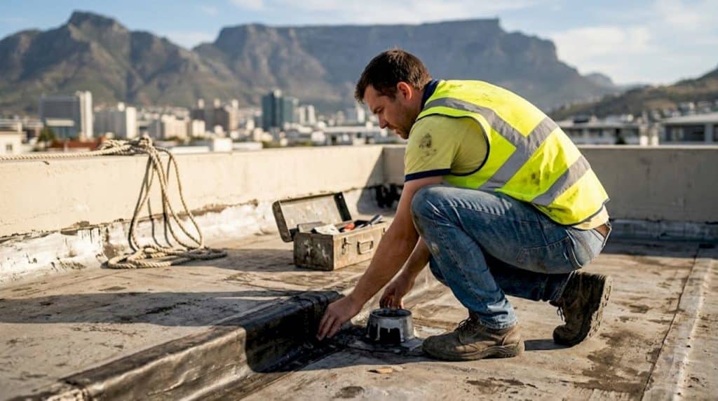 Waterproofing contractor inspects membrane on rooftop