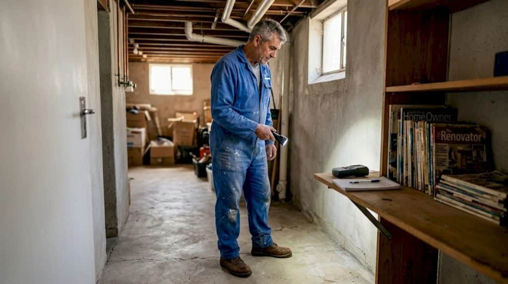 Maintenance worker inspecting basement for damp
