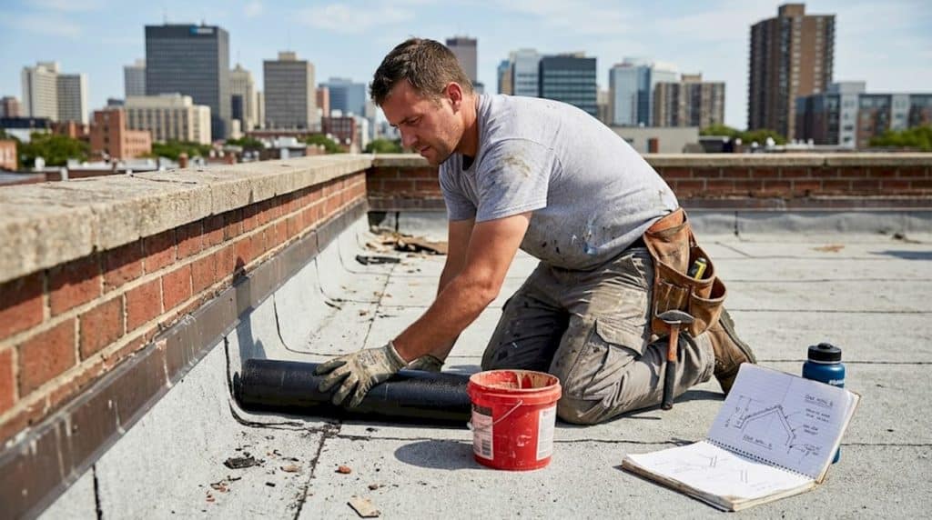 Roofer applying waterproof membrane on city rooftop