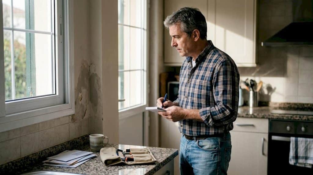 Man checking kitchen wall for water damage