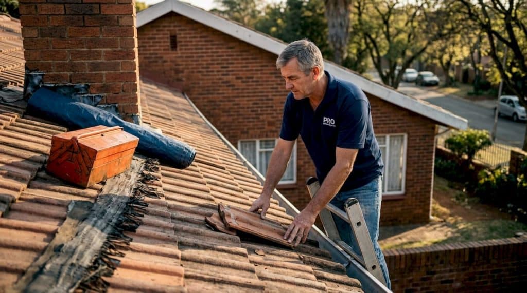 Roofer inspecting tiles on South African house