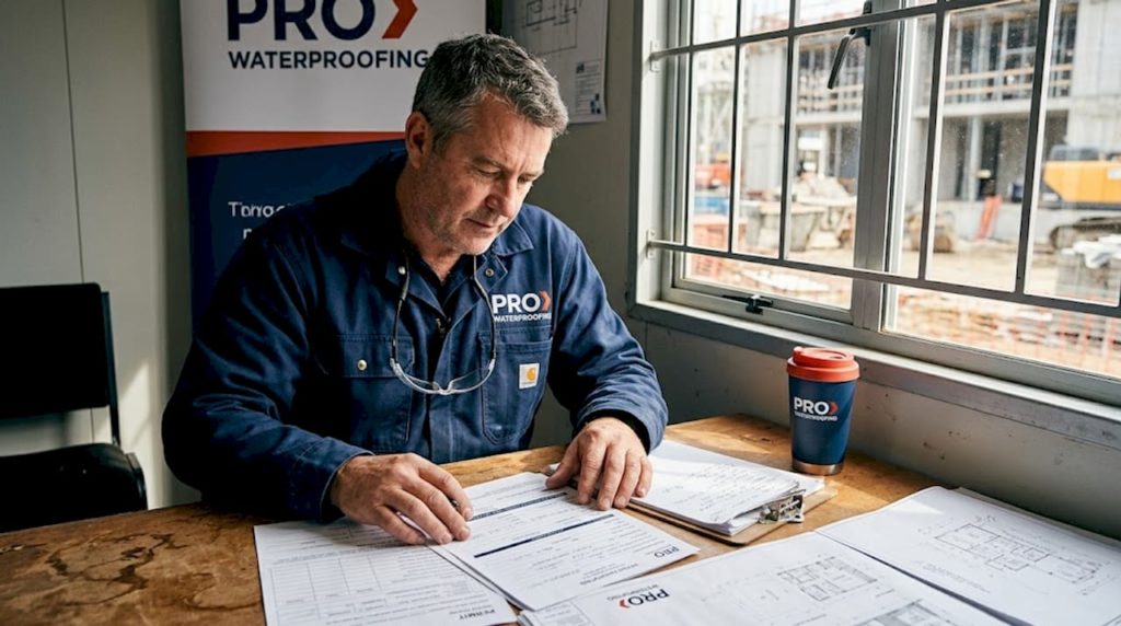 Contractor reviews paperwork at construction site office