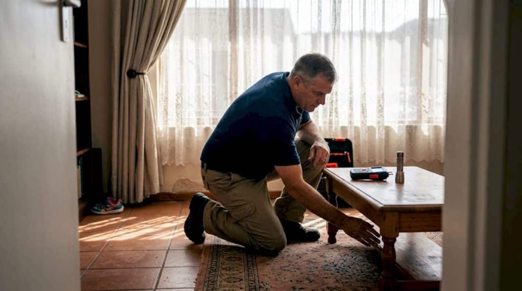 Man inspecting damp wall in living room