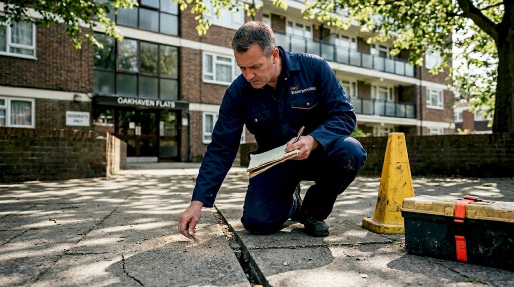 Inspector examining building expansion joint outdoors