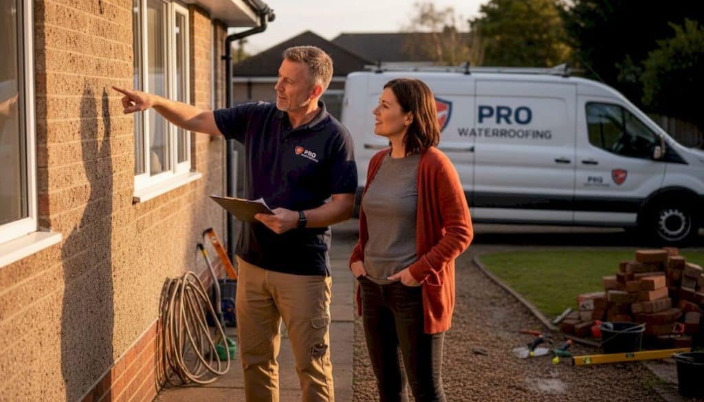 Contractor and homeowner discussing waterproofing outside house