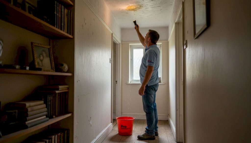 Man inspecting water stain on ceiling