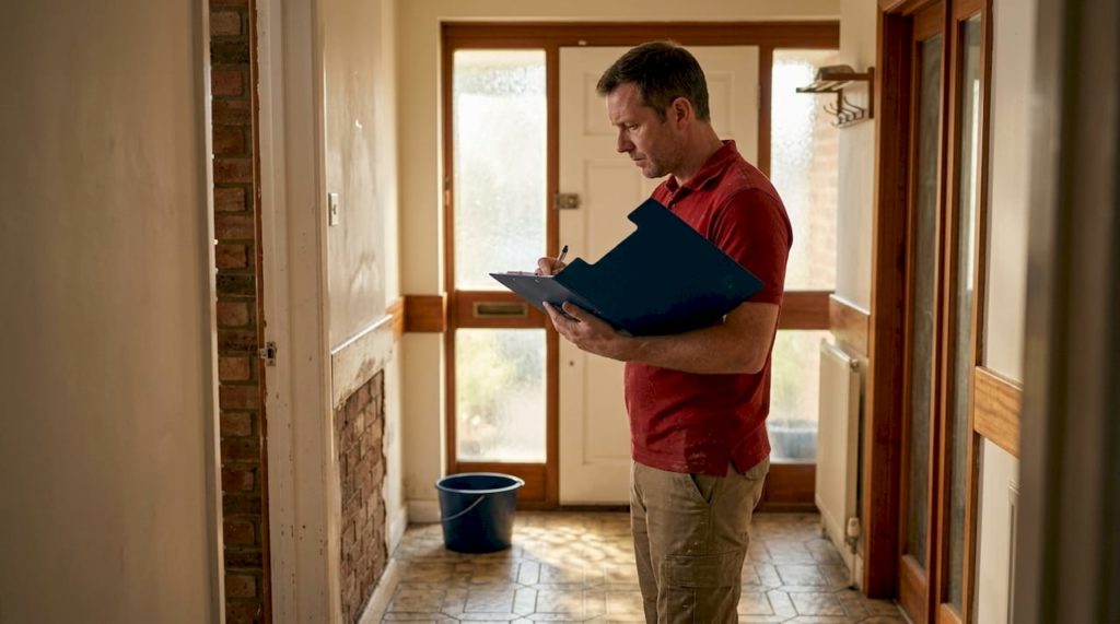 Consultant inspecting home for waterproofing needs