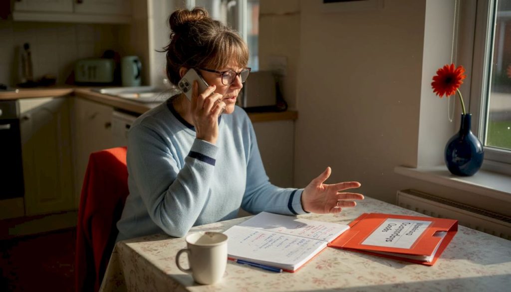 Homeowner calls contractor reference in kitchen