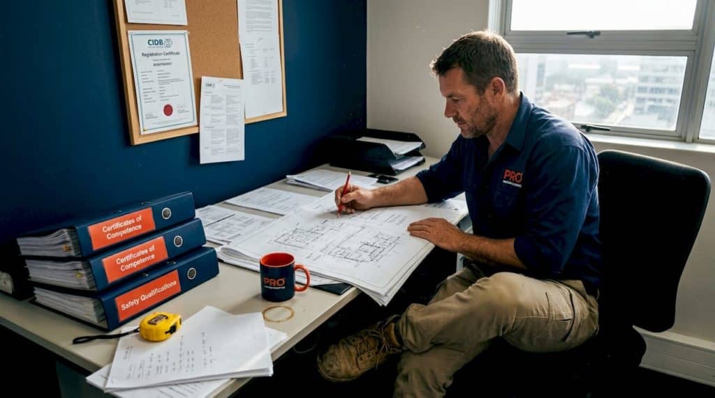 Contractor reviewing waterproofing paperwork in office