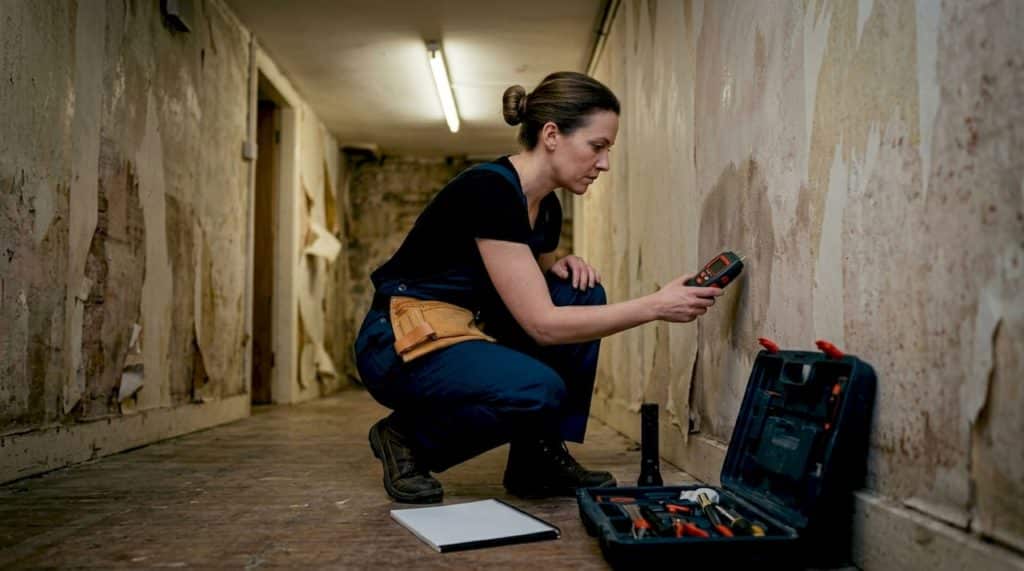 Inspector testing for basement wall damp spots