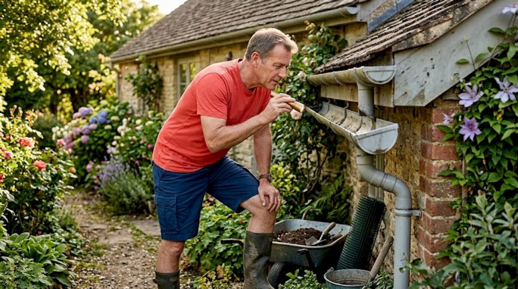 Homeowner checking drainage alongside house wall