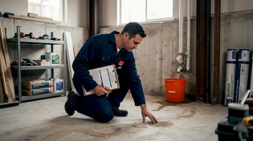 Site assessor inspecting damp basement floor