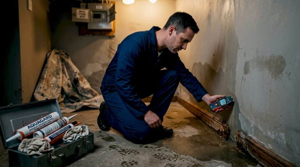Technician examining basement leak damage