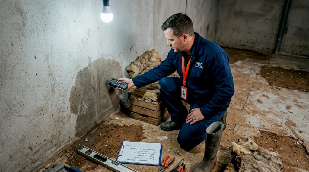 Specialist inspecting wet basement wall