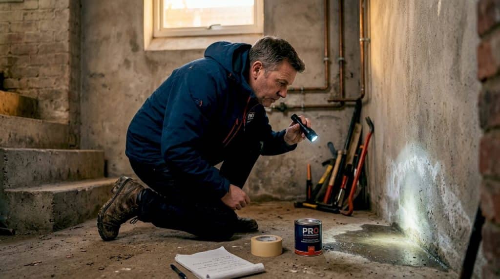 Homeowner inspecting damp basement wall