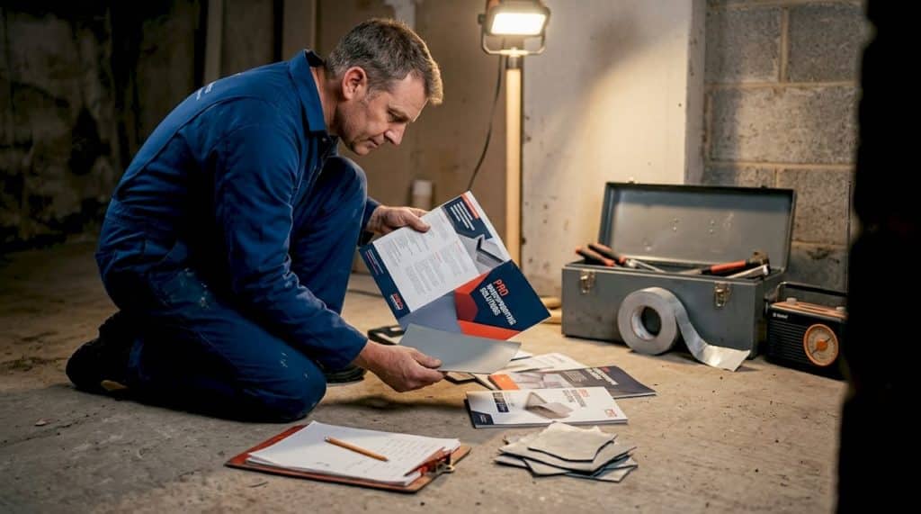 Contractor examining basement waterproofing samples