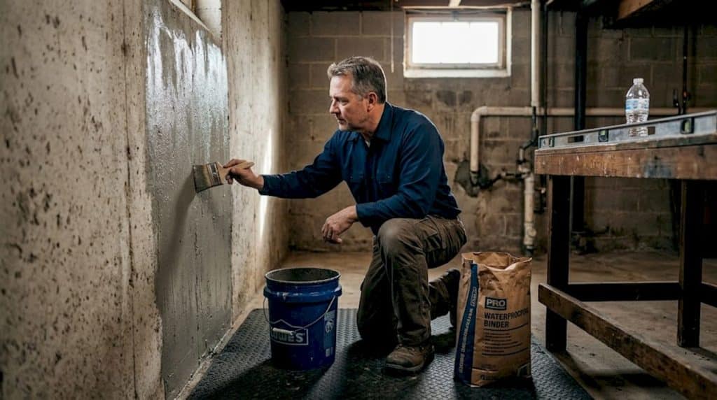 Contractor applying waterproofing cement to wall