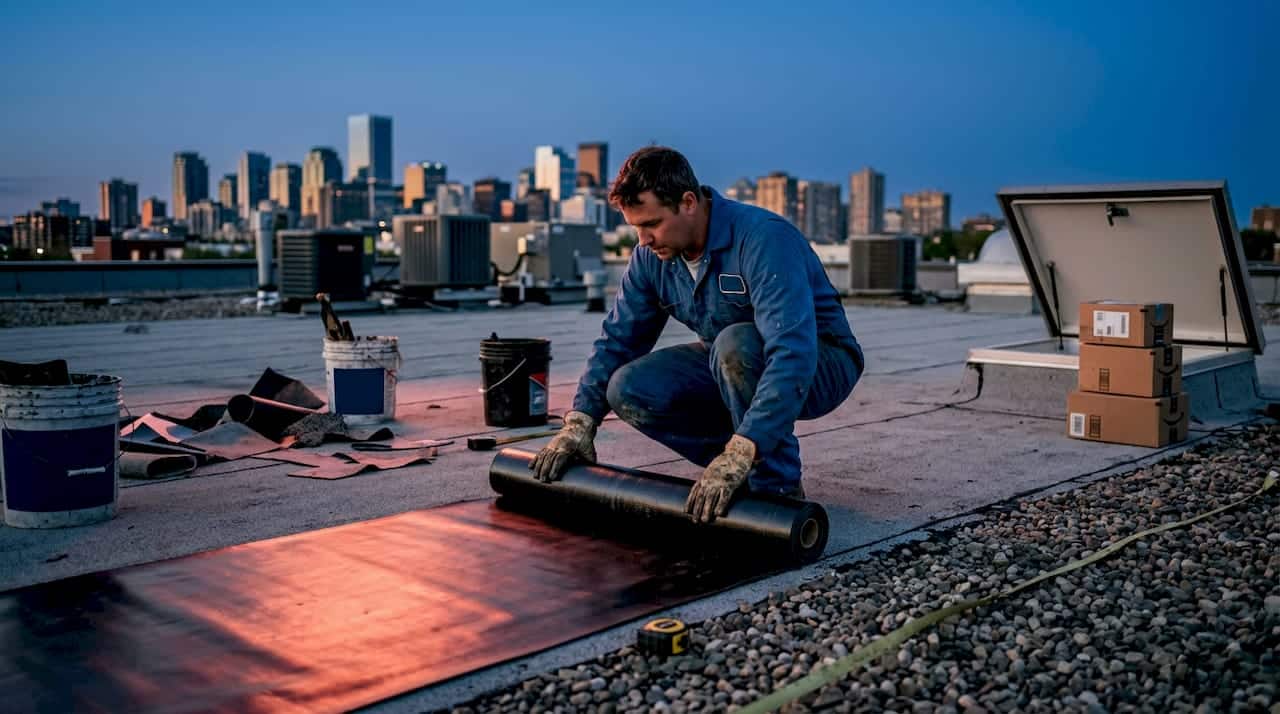 Roofer laying waterproof membrane on flat roof