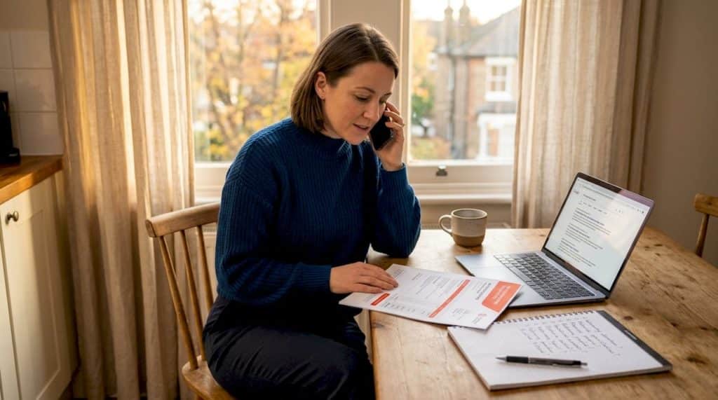 Homeowner calling a contractor reference at kitchen table