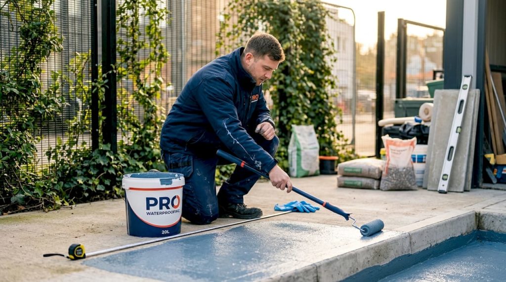 Worker applying liquid membrane to concrete slab