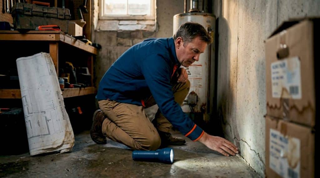 Homeowner examines basement leak crack