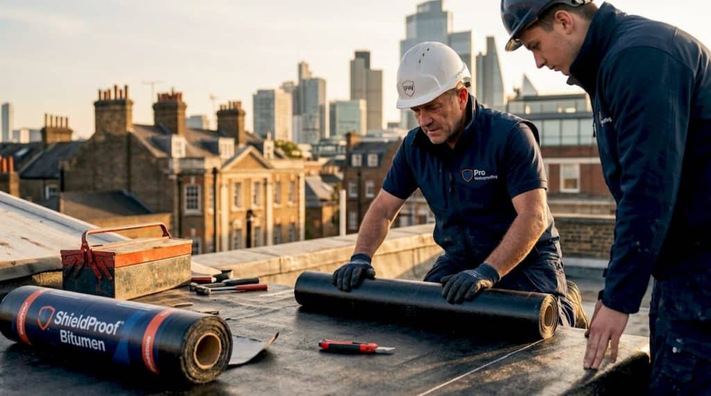 Foreman installing bituminous waterproofing membrane