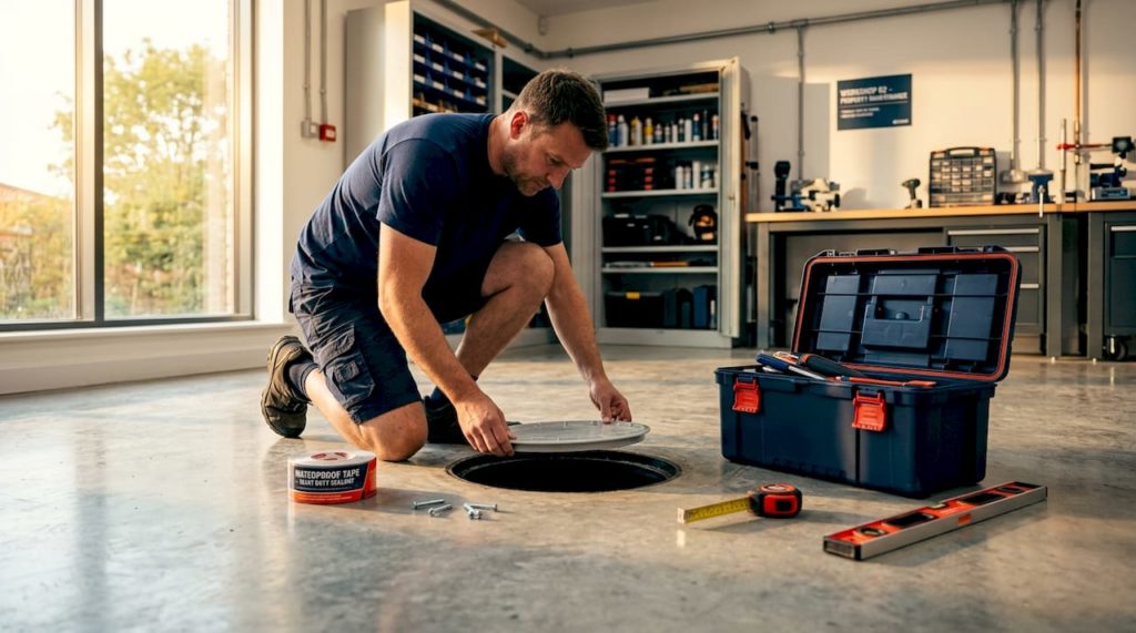 Property owner inspecting sump waterproofing setup