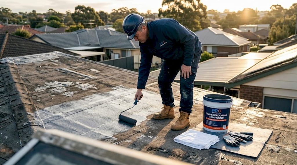 Worker applying waterproofing on residential roof